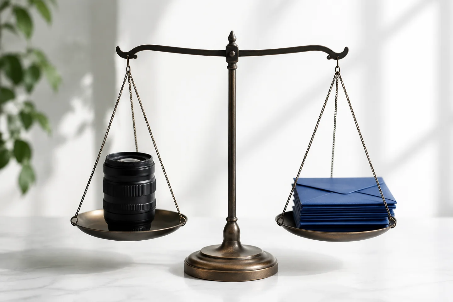 A balance scale comparing creative equipment with finished photo envelopes.