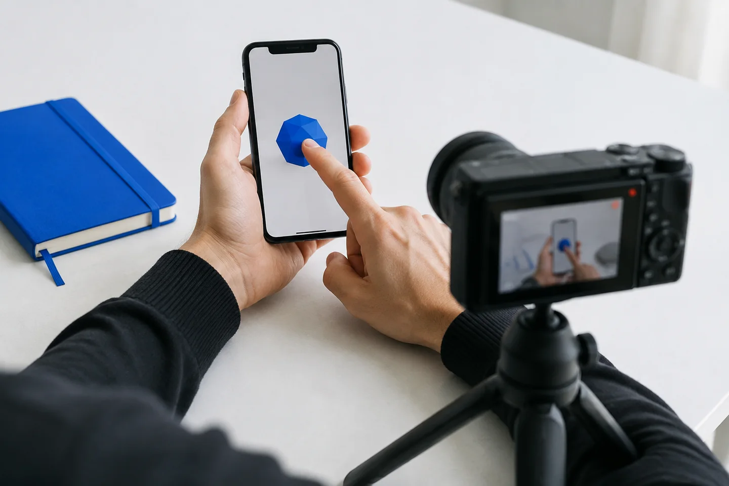 Hands demonstrating a phone interaction while a compact camera records.