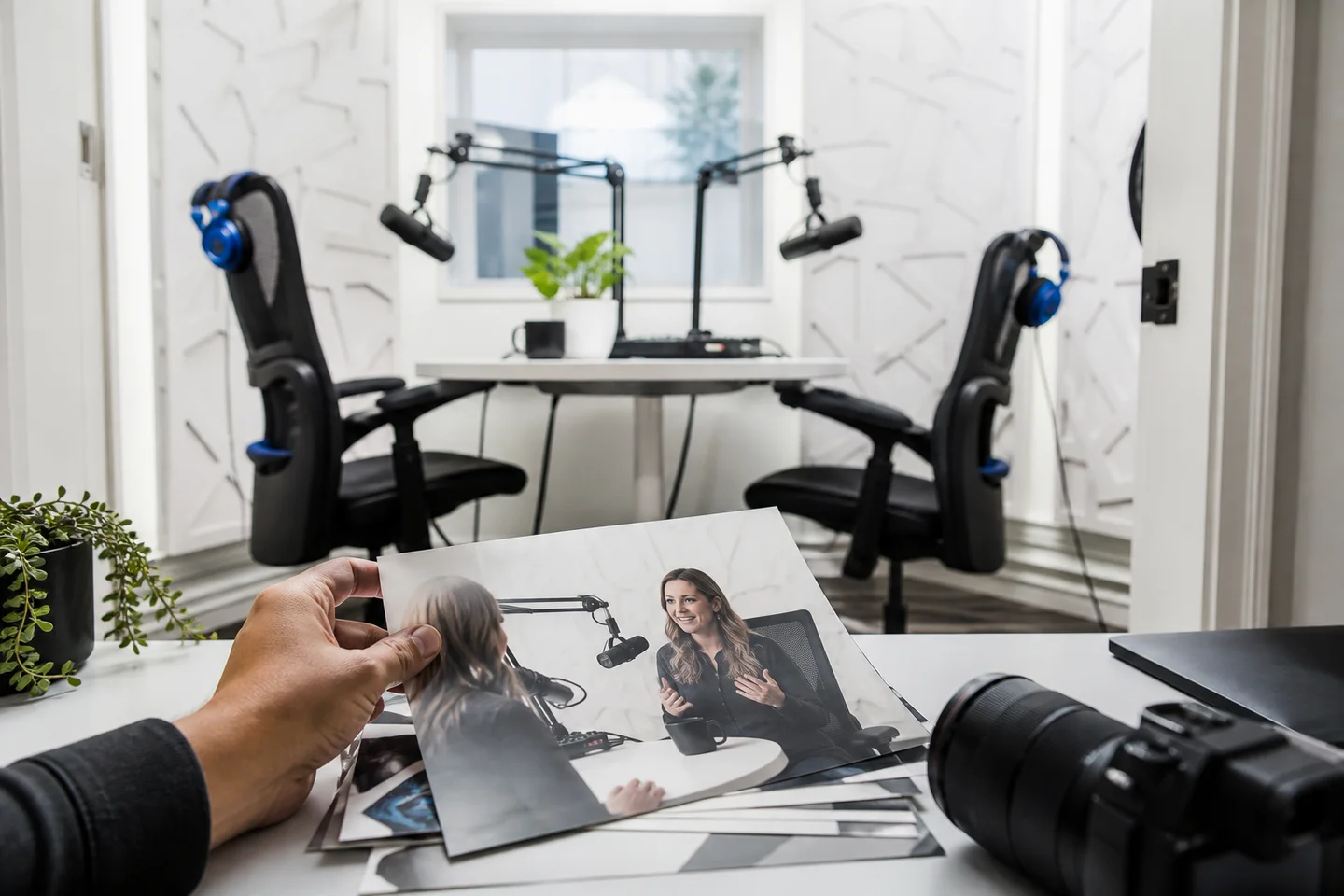An interview photograph being selected in a podcast studio.