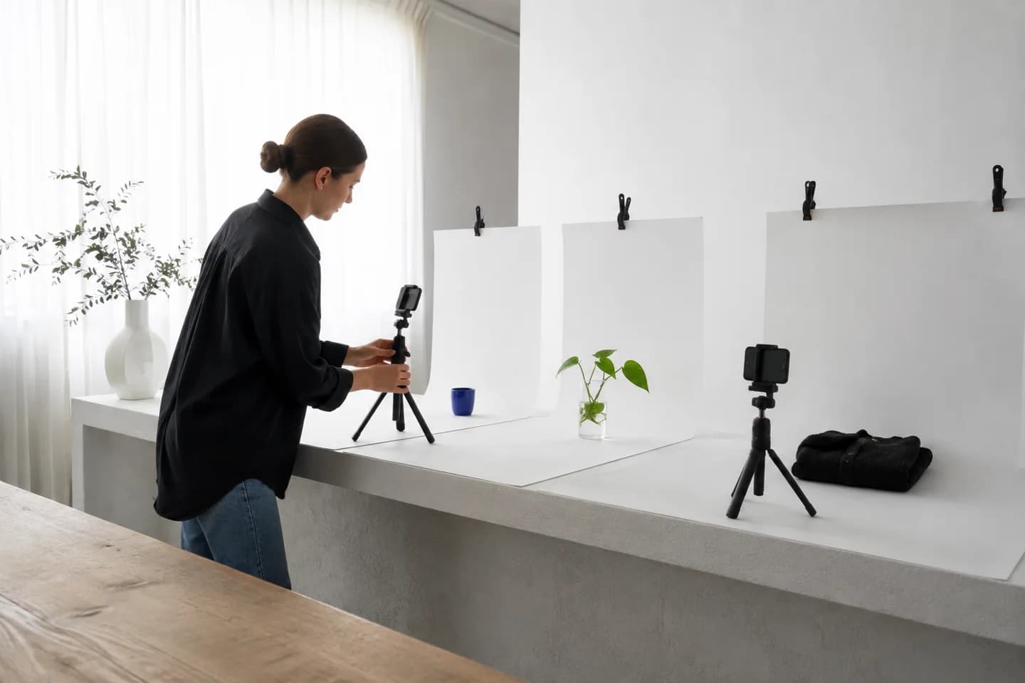 A producer preparing several small sets for recurring short videos.