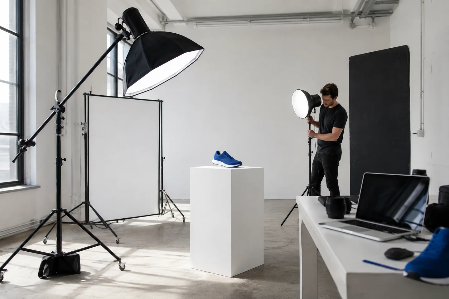 A photographer testing lighting treatments for a blue running shoe.