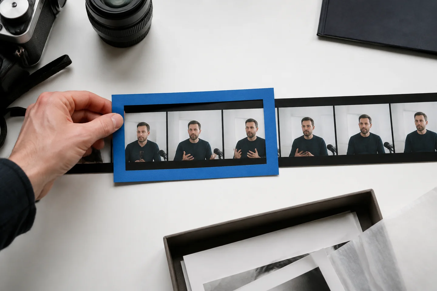 An editor selecting a short sequence from a longer photographic contact strip.