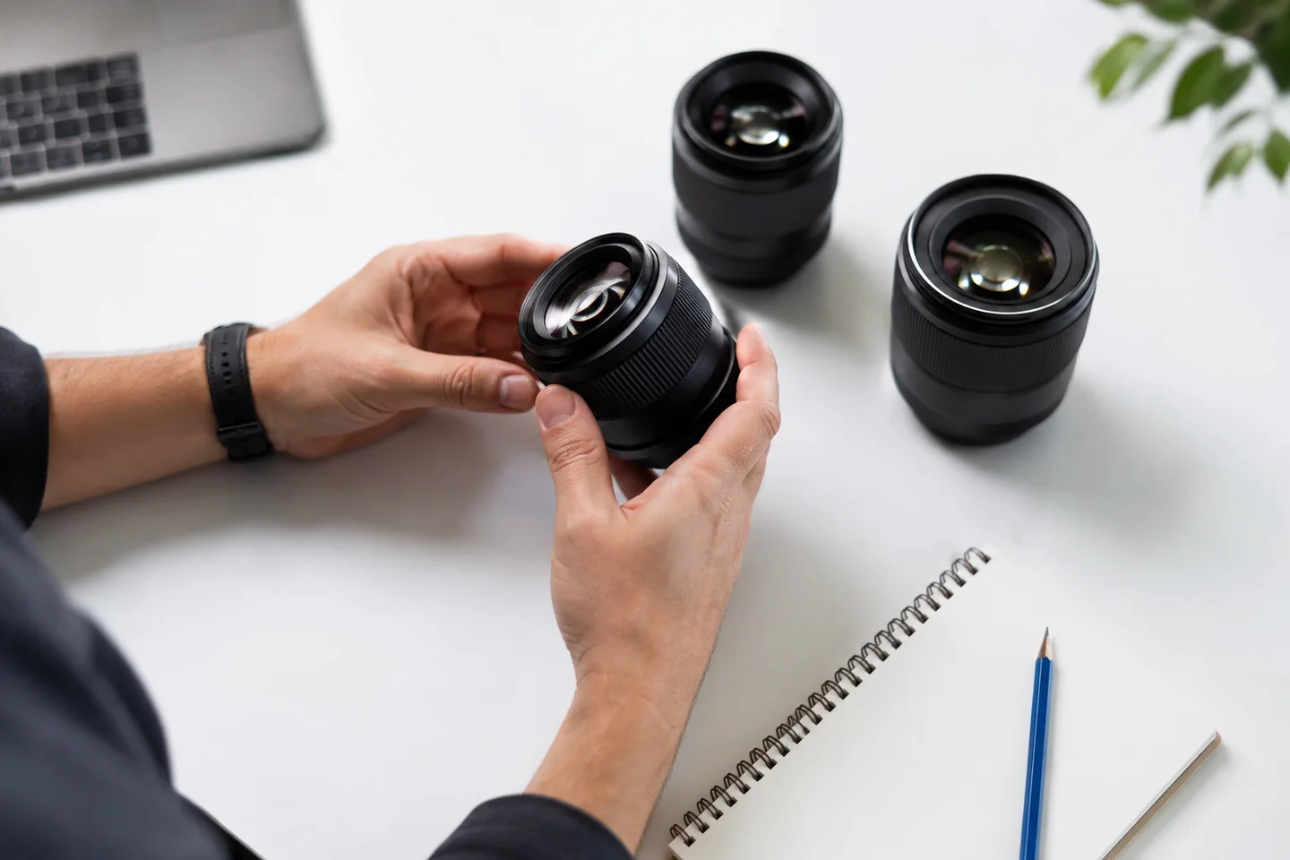 Hands comparing camera lenses for a practical creative-tool evaluation.
