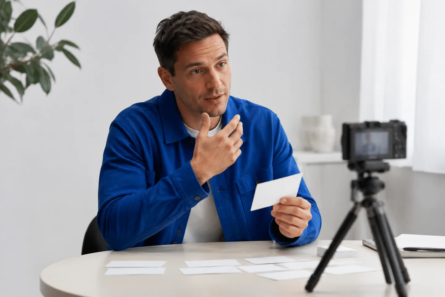 A presenter rehearses a reaction for a camera in a light studio.