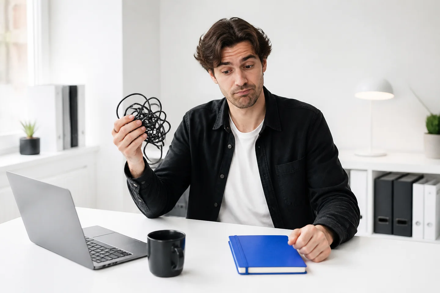 A creative worker reacts to a tangled cable beside a blue notebook.