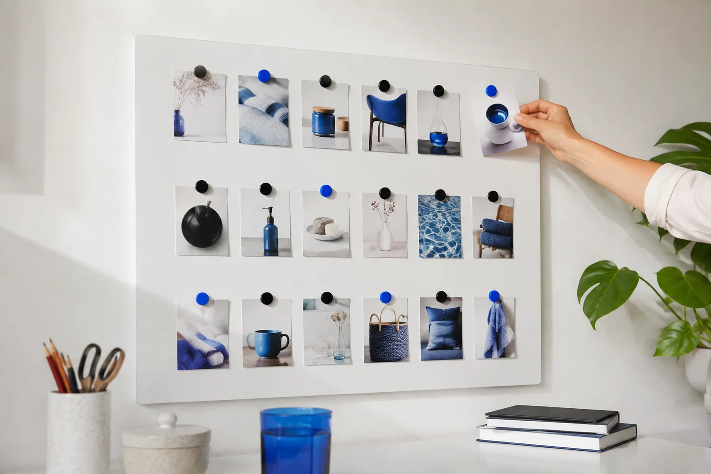 A hand adds a product photo to an organized wall planning board.