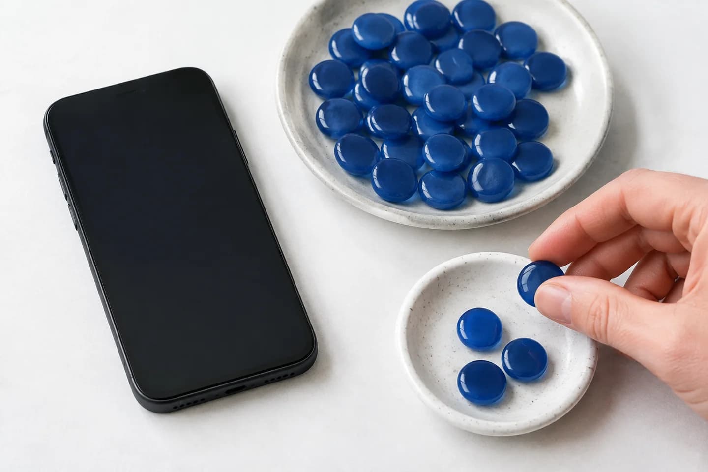 A hand sorting blue counters beside a phone to compare audience interactions.