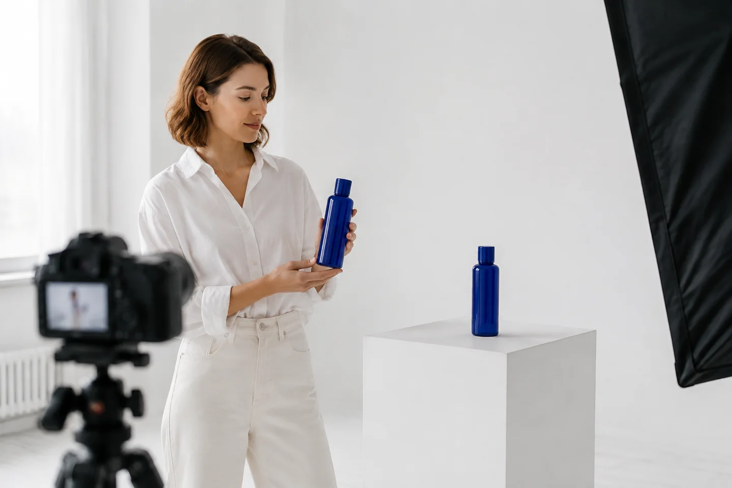 Presenter-led and standalone product setups using the same blue bottle.